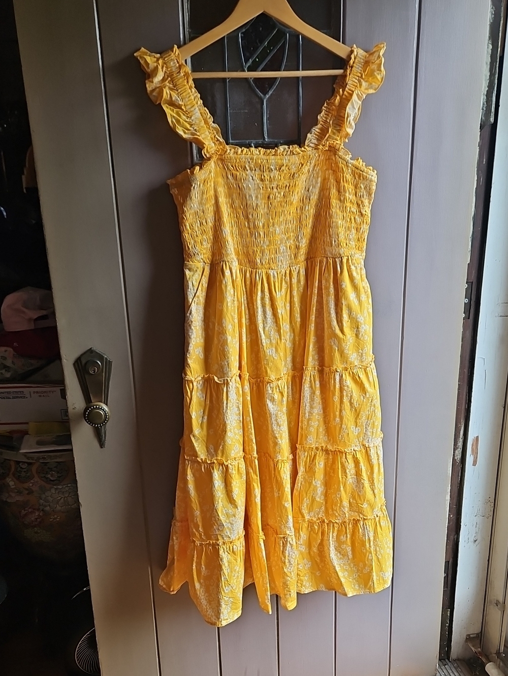 torrid Yellow and White Smocked Tiered Midi Dress with Ruffle Straps